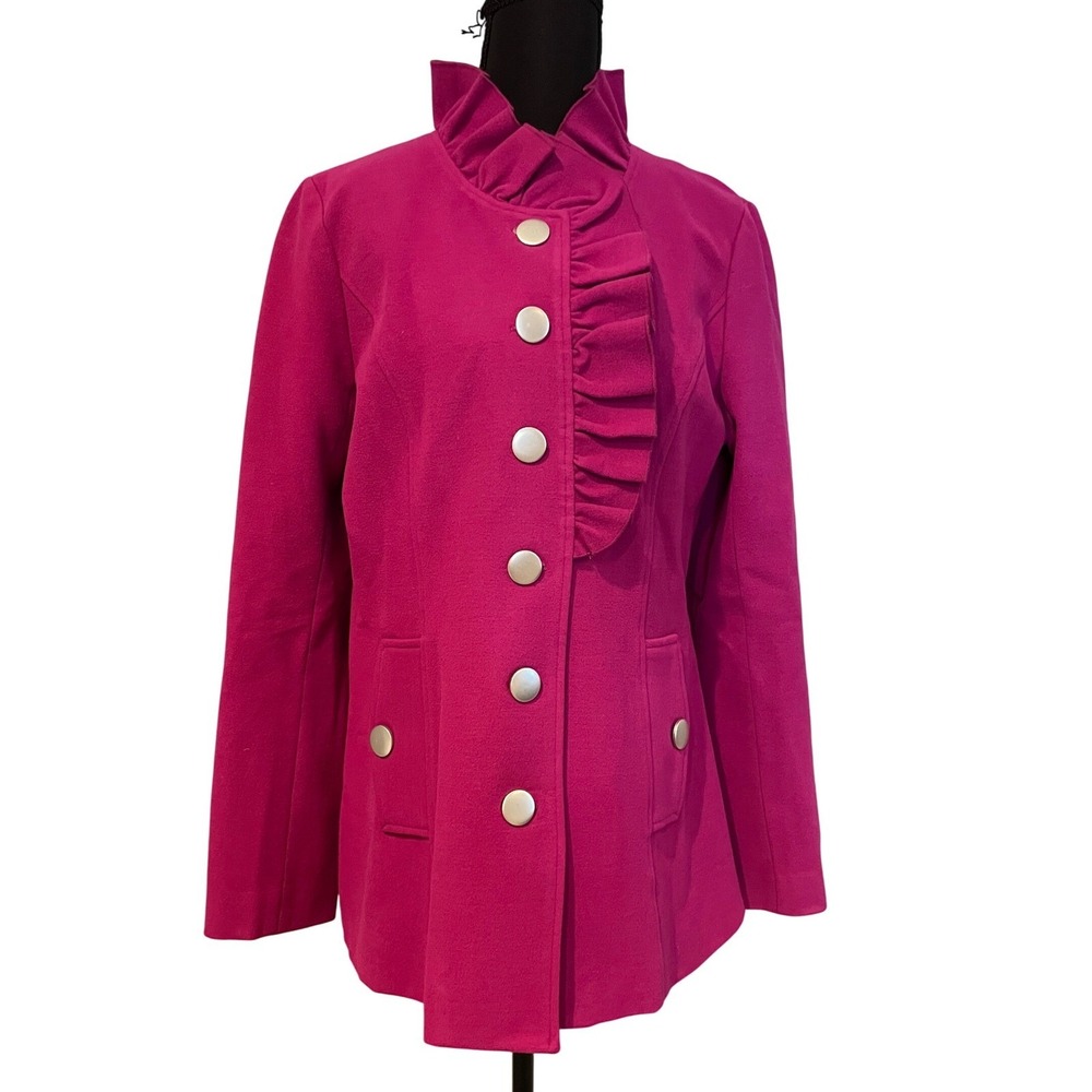 AZI‎ New York Womens Fuschia Ruffle Collar Button Front Jacket Sz M Tailored Fit